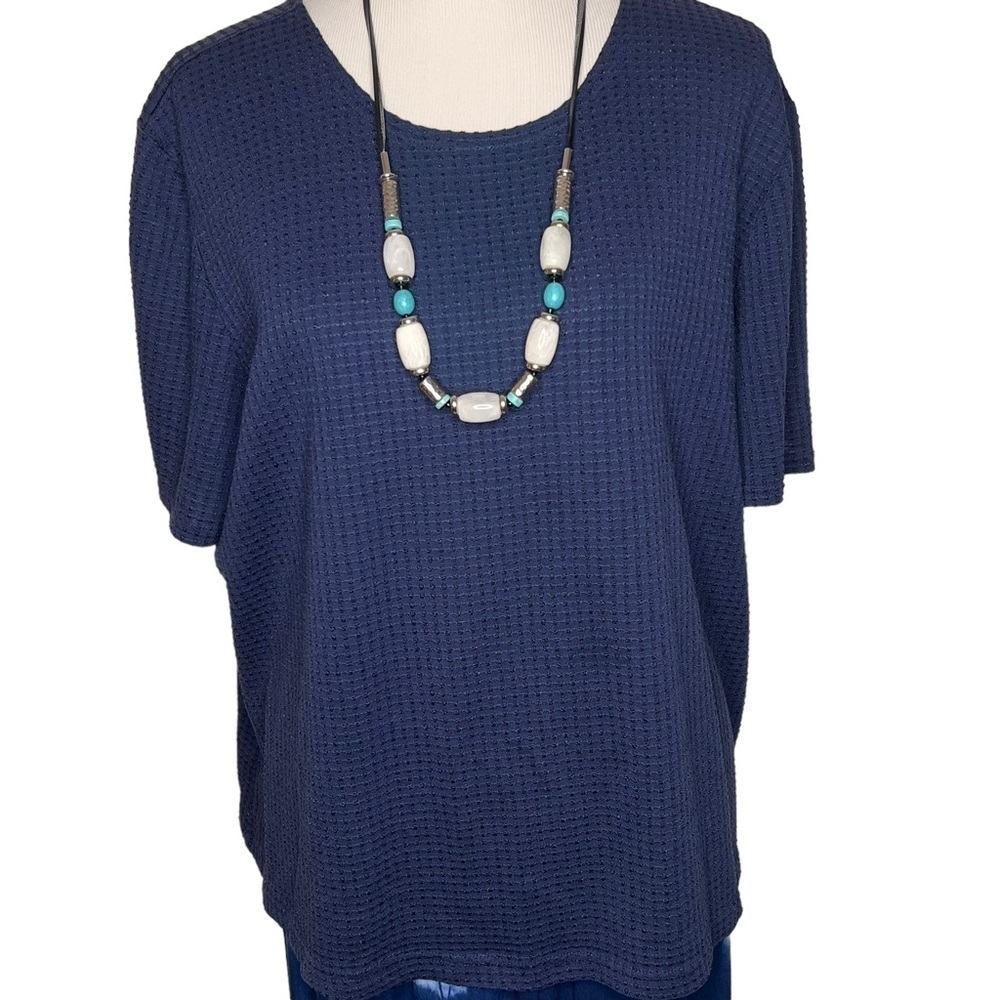 Stonebridge Navy Blue Short Sleeve Blouse Size Size 2X Made in USA Cotton Blend